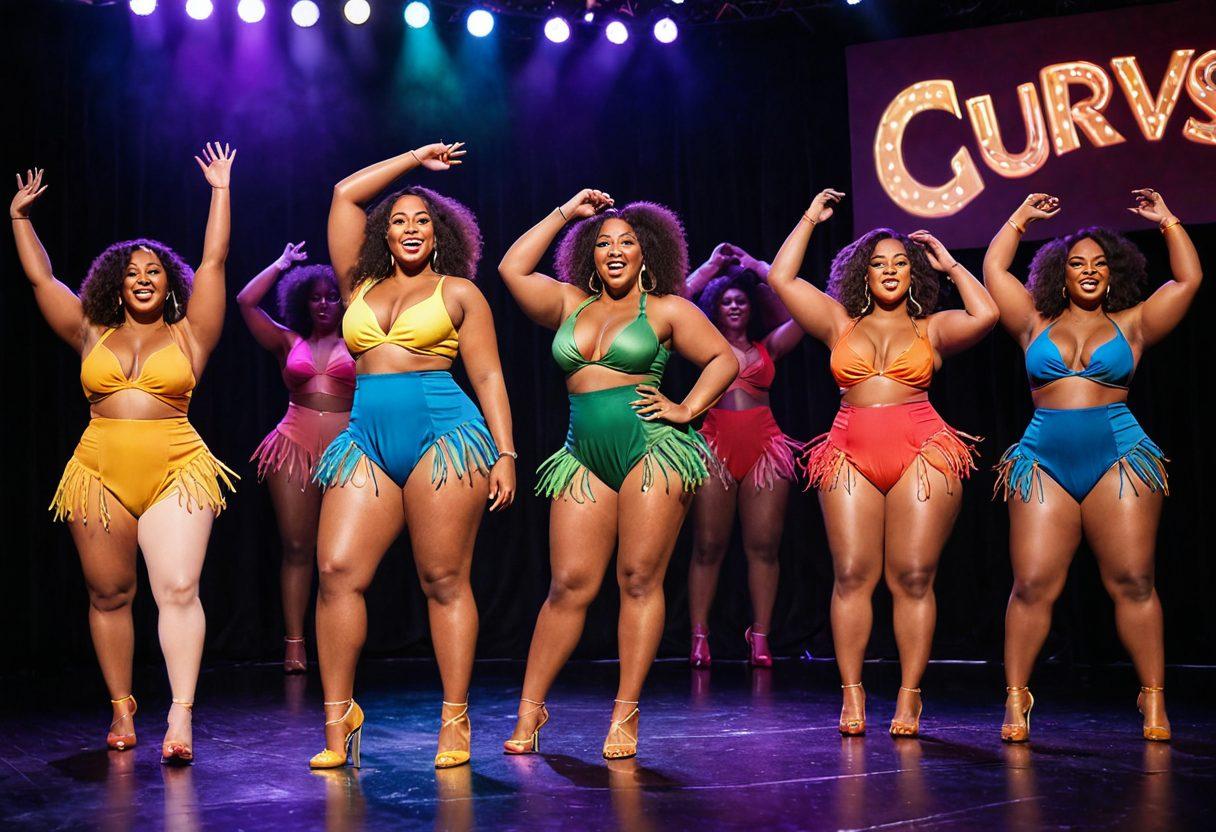 A celebration of curves and confidence, featuring diverse curvy and voluptuous solo performers in vibrant outfits, joyfully posing on a lively stage surrounded by colorful lights and a cheering audience. Capture their expressions of happiness and empowerment, with flowing fabrics and playful accessories that reflect their individuality. Infuse the scene with a sense of energy and acceptance, embracing body positivity. vibrant colors. 3D. super-realistic.