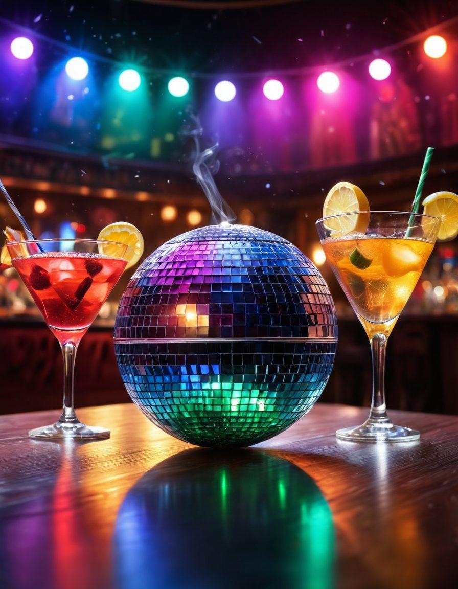 A vibrant stage scene featuring diverse curvy performers in colorful outfits, exuding confidence and joy while engaging with a lively audience. The atmosphere is electric, with sparkling lights and music notes floating around, showcasing the performers' dynamic energy. Include elements of the nightlife, like a disco ball and cocktail drinks, to highlight the entertainment vibe. super-realistic. vibrant colors. lively background.